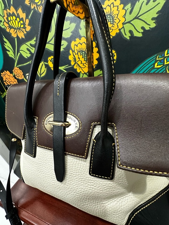 Dooney & Bourke Florentine Leather Satchel Ivory Brown Black Three way carry - Picture 4 of 13